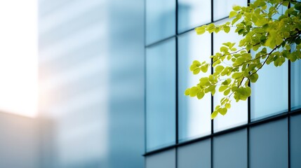 Green Leaf and Modern Glass Building in Soft Morning Light