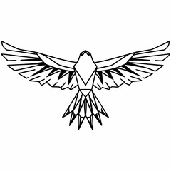 Fototapeta premium Geometric origami style black line art bird with outstretched wings and fanned tail feathers isolated on white background