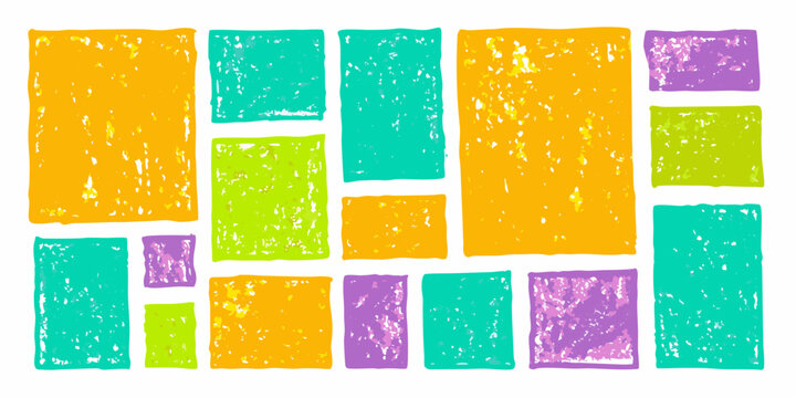 Colorful hand drawn rectangles and squares in a playful arrangement with a crayon texture