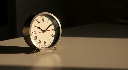 Naklejka premium A classic metallic alarm clock with elegant Roman numerals sits on a desk, beautifully illuminated by warm golden hour light.