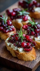Crostini arranging on a wooden board, featuring cranberry sauce, goat cheese, and fresh rosemary
