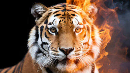 Naklejka premium fierce tiger portrait with intense fire flame effect powerful wildlife predator concept symbol of strength wild animal fantasy surreal fiery background majestic art photo