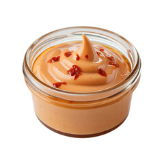 Spicy sriracha mayo dipping sauce in a small glass jar with chili flakes, condiment style, transparent PNG