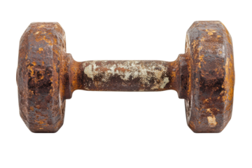 Old rusty dumbbell isolated on transparent background. Rusty iron dumbbell with patina vintage look perfect for rustic gym decor isolated on white background.