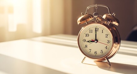 Retro alarm clock standing on a table in a sunny room, indicating the time is 9 o'clock. A good image to be used as a reminder, for schedules, or the passage of time in general.