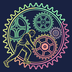 Fototapeta premium Silhouette of a determined person pushing a large gear symbolizing effort progress and the interconnectedness of a complex system with colorful gradient gears
