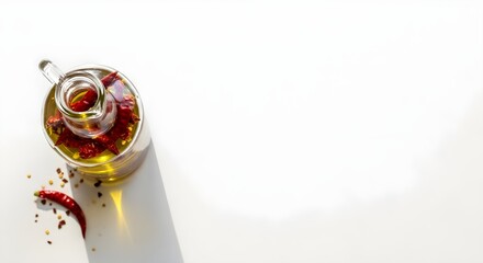 Infused olive oil with dried chili peppers in a clear glass pitcher on a white background with a single chili pepper scattered nearby.