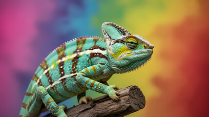 Obraz premium colorful chameleon reptile on rainbow background vibrant exotic lizard animal camouflage creature concept surreal fantasy wildlife nature art colorful pattern rainbow theme