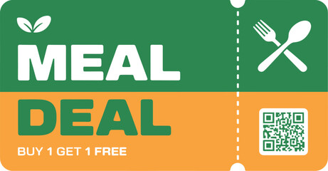 Flat style meal deal food voucher with qr code and cutlery icons for promotions