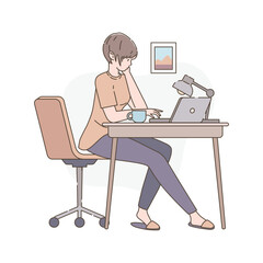 Young woman working from home on a laptop. Cozy home office interior, remote work, freelance lifestyle, casual and modern design. Perfect for concepts of digital jobs.