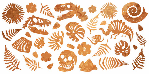 Collection of ancient fossils and prehistoric elements including dinosaur skeletons ammonites skulls and ferns in a rustic orange texture © Rathin