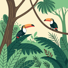 Two colorful toucans perched amidst lush green tropical foliage and trees in a vibrant jungle environment with a light yellow background