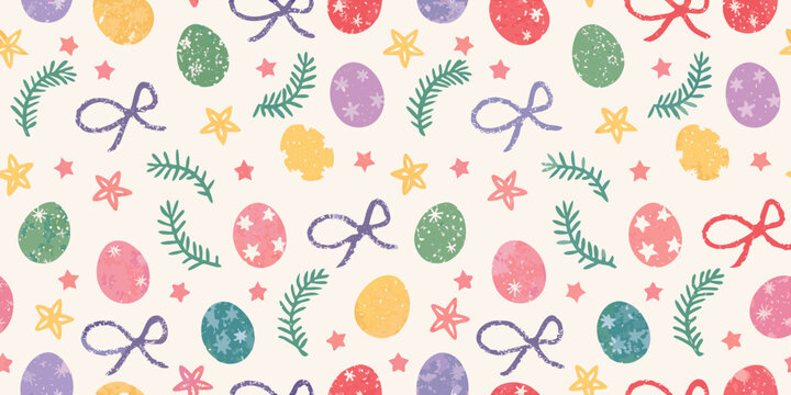 Charming easter egg and ribbon pattern with stars and pine branches on a cream background