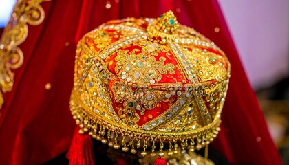 Ornate red headdress adorned with gold and jewels