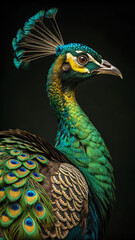 Obraz premium Peacock vibrant green blue yellow plumage bird feathers