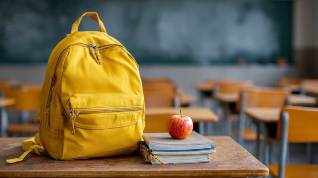 Yellow backpack apple  books on a school desk in a classroom setting
