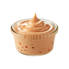 Spicy sriracha mayo dipping sauce in a small glass jar with chili flakes, condiment style, transparent PNG