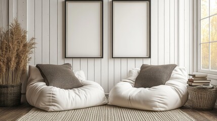 Two framed blank canvases adorn a cozy living room featuring a pair of oversized beanbag chairs, creating a serene and inviting ambiance.