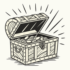 Vintage wooden treasure chest overflowing with gold coins open and radiating light symbolizing wealth riches and discovery in a classic illustration style