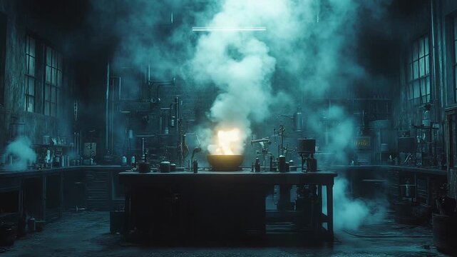 Mysterious laboratory with smoke and glowing potion
