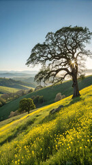 Majestic oak tree blooming hillside green yellow