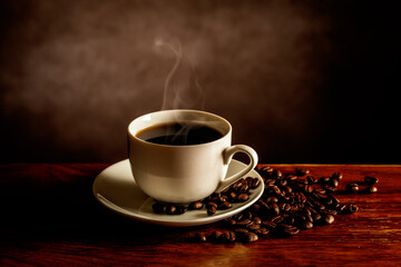 テーブルの上のホットコーヒーとコーヒー豆