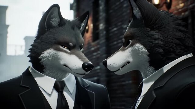 Two wolf-like figures in formal suits, posed against a dark backdrop, radiate an air of sophistication and mystery.