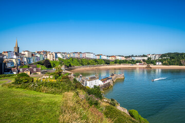 Fototapeta premium Tenby town and North Beach the view from below Tenby Castle, in Pembrokeshire, South Wales.