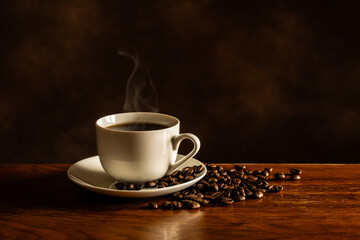 テーブルの上のホットコーヒーとコーヒー豆