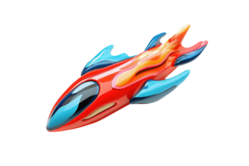 Futuristic red and blue spaceship toy isolated on transparent background. Red rocket with blue fins and a flame showcasing a playful and vibrant design isolated on white background, 3d rendering.