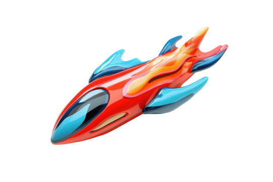 Futuristic red and blue spaceship toy isolated on transparent background. Red rocket with blue fins and a flame showcasing a playful and vibrant design isolated on white background, 3d rendering. - Powered by Adobe