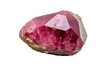 Fototapeta premium Raw pink gemstone crystal isolated on transparent background. Stunning gemstone features a vibrant red hue and exceptional clarity isolated on white background.