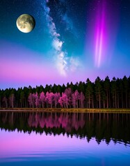 Naklejka premium Mystical lake scene at night with vibrant colors