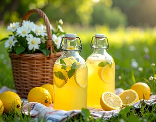 Lemonade in glass bottles, picnic setting