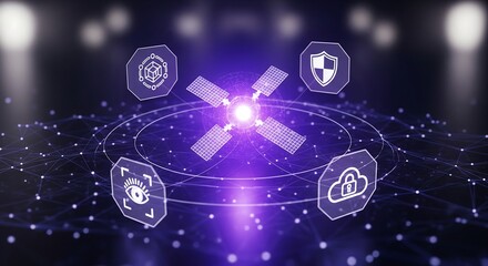 Fototapeta premium Secure cloud network design featuring satellite connection and data protection for global technology companies needing advanced cyber solutions