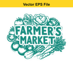 Vector art of farmers market text with fresh vegetables and lettuce