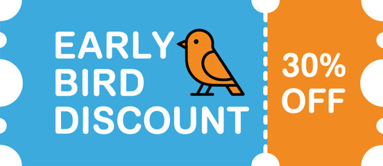 Flat design early bird discount ticket with cute bird and 30 percent off offer