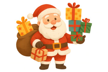 Santa claus cartoon character holding christmas presents and carrying gift sack, celebrating winter holiday