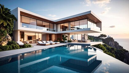Fototapeta premium Modern White Villa with Infinity Pool Overlooking Ocean at Sunset Coastal Estate Architecture with Tropical Landscaping Under Blue Sky Luxury Living