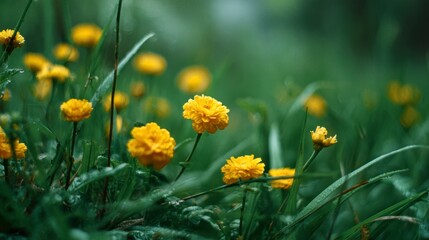 Yellow flowers amid grass showcasing a closeup view in a natural outdoor setting with a blurred green background