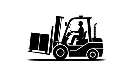 A black and white vector silhouette of a worker operating a forklift