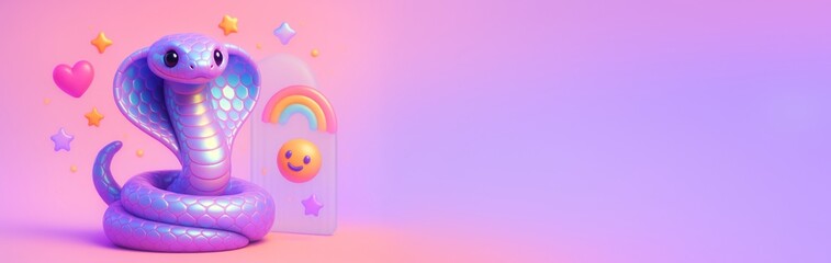 Fototapeta premium Cute stylized purple cobra with emoji and rainbow elements on pastel background with empty copyspace for creative banner or poster design template. Ai generative