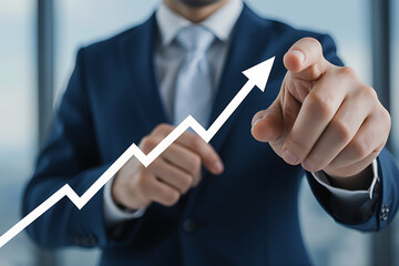 Man pointing at an upward-trending graph showing financial growth