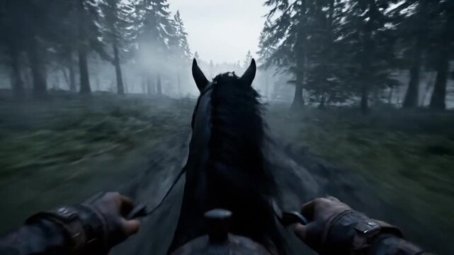 Immersive First-Person View of a Galloping Horse Ride Through a Mysterious, Foggy Forest. High quality 4k footage.
