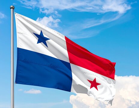 Panama flag waving in a clear blue sky