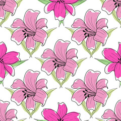 Flat seamless pattern with lily flower Purple Hand Draw Vector Ilustration - minimalist style