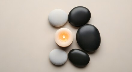 A lit candle surrounded by smooth black spa stones and white stones on a beige background, creating a serene wellness scene.