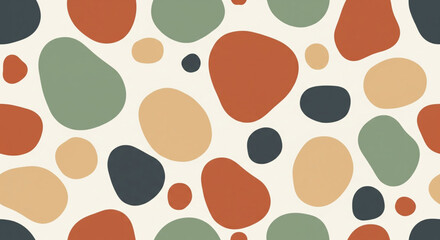 Abstract pattern featuring organic shapes in various earth-tone colors, repeating across the surface.