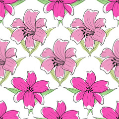 Flat seamless pattern with lily flower Purple Hand Draw Vector Ilustration - minimalist style
