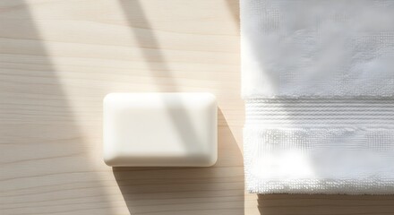 A bar of white soap and a fluffy white towel rest on a light wood surface, bathed in soft sunlight, evoking cleanliness and freshness.